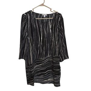 H by Halston Black/White Abstract Stripe Shift Dress Long Sleeve Modern Chic S
